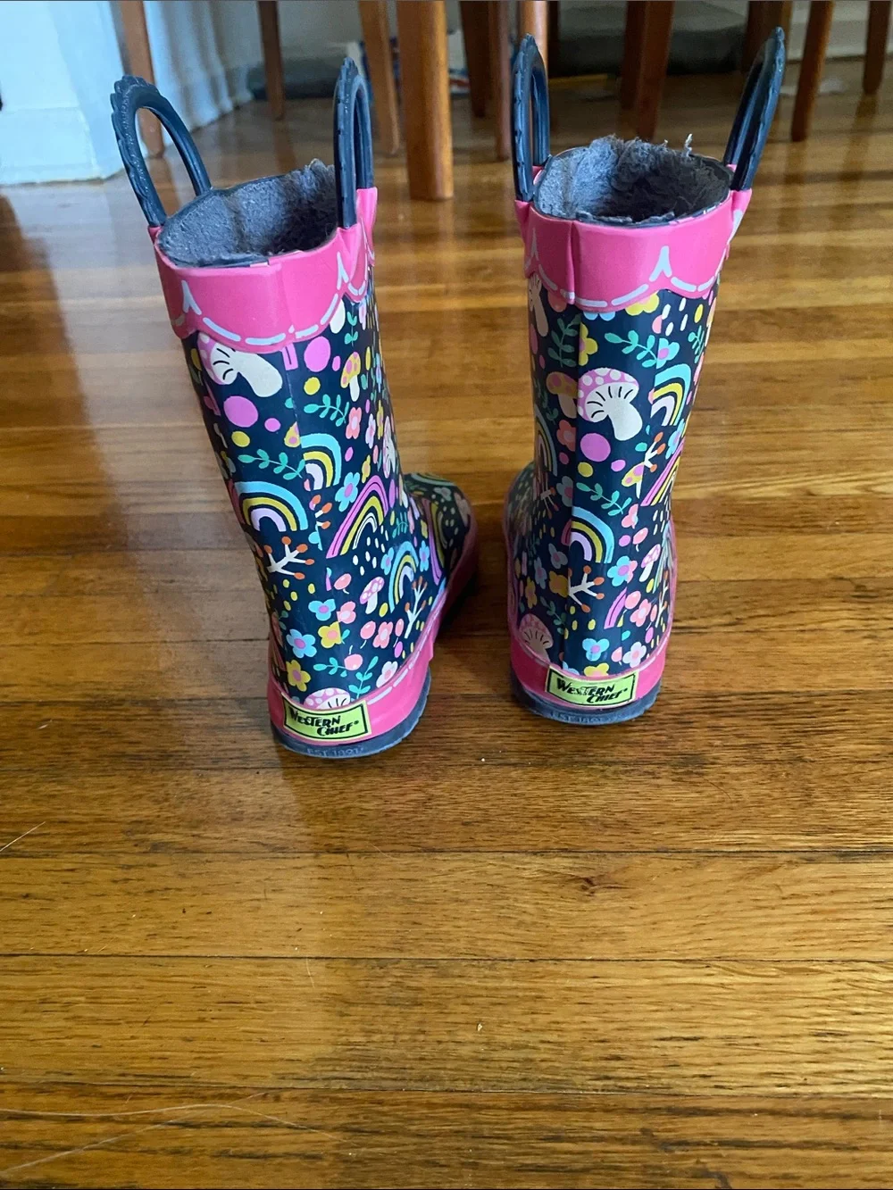 Western Chief Girls' Navy Rain Boots with Pink Floral & Rainbow Print